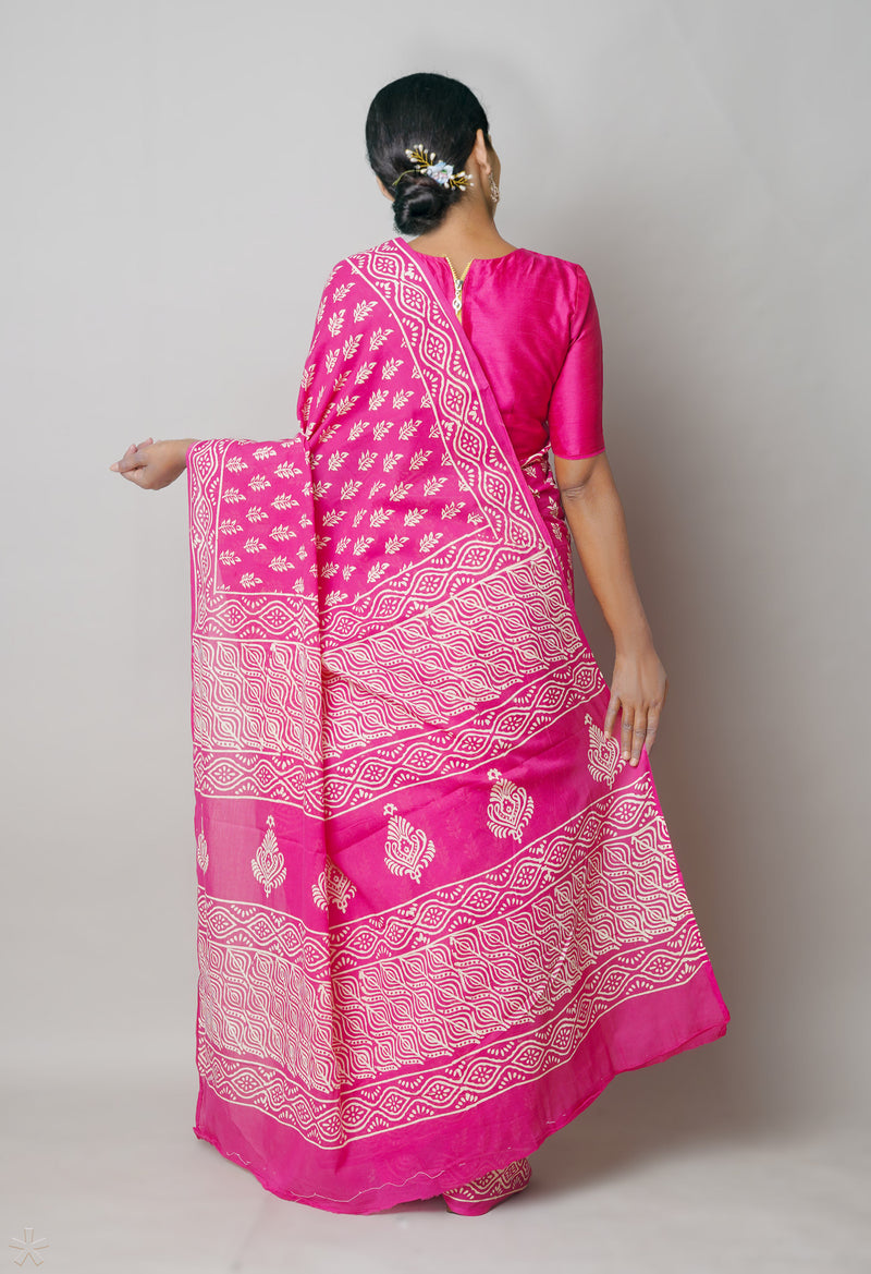 Pink Pure  Hand Block Printed Discharge Superfine Mulmul Cotton Saree-UNM73939