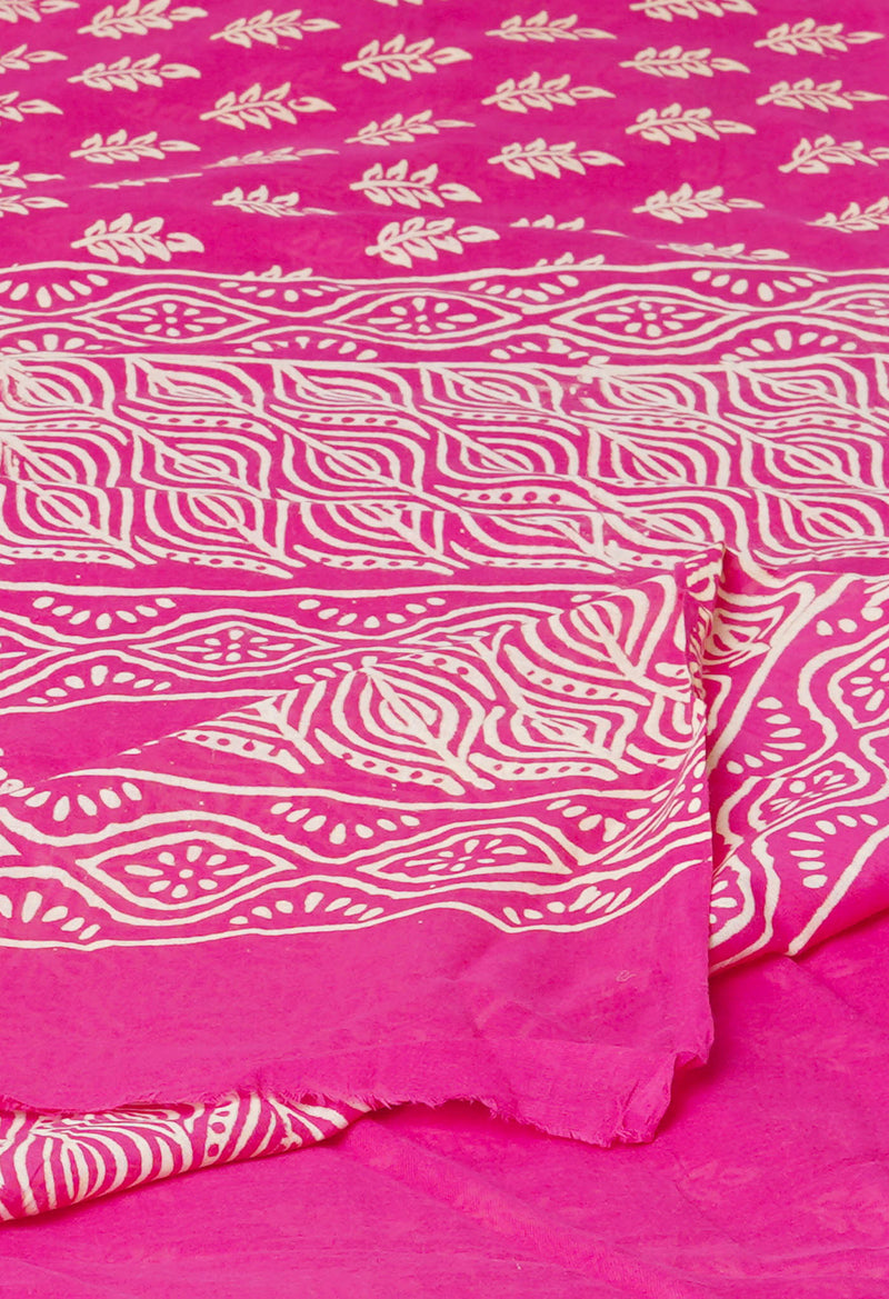 Pink Pure  Hand Block Printed Discharge Superfine Mulmul Cotton Saree-UNM73939