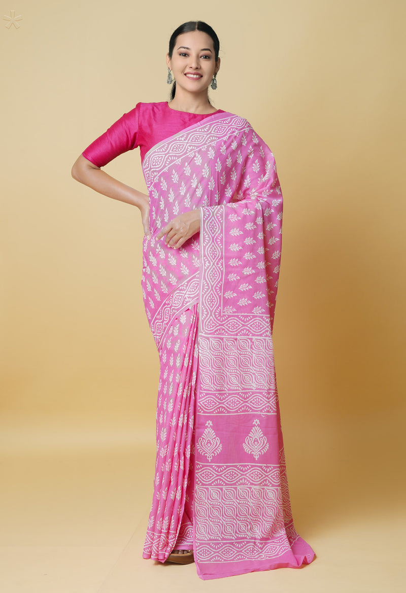 Baby Pink Pure  Hand Block Printed Discharge Superfine Mulmul Cotton Saree-UNM73943