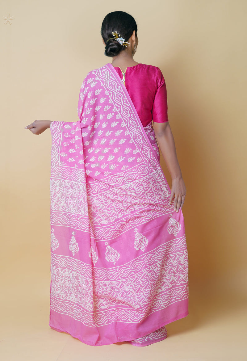 Baby Pink Pure  Hand Block Printed Discharge Superfine Mulmul Cotton Saree-UNM73943