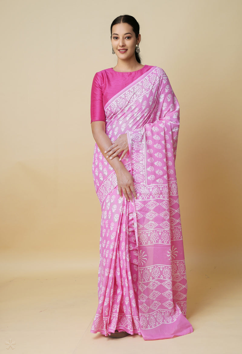 Baby Pink Pure  Hand Block Printed Discharge Superfine Mulmul Cotton Saree-UNM73946
