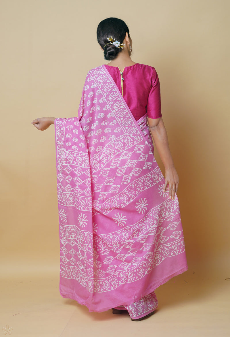 Baby Pink Pure  Hand Block Printed Discharge Superfine Mulmul Cotton Saree-UNM73946