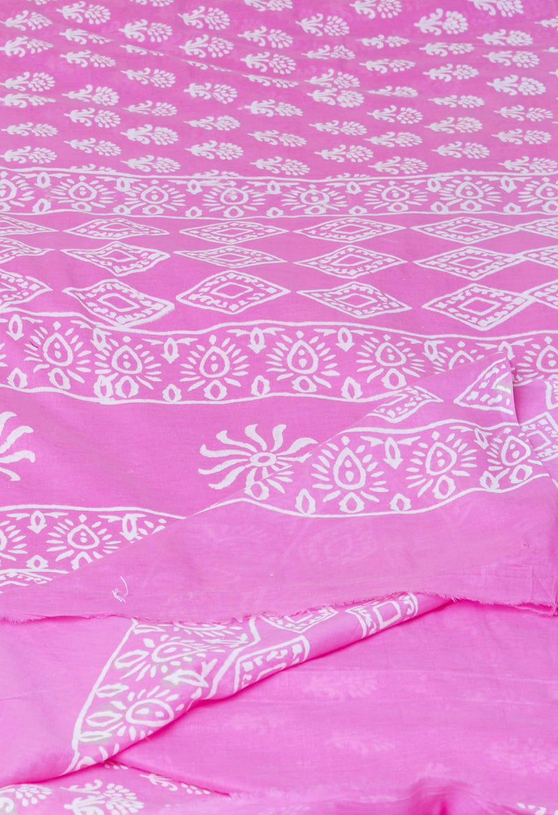 Baby Pink Pure  Hand Block Printed Discharge Superfine Mulmul Cotton Saree-UNM73946