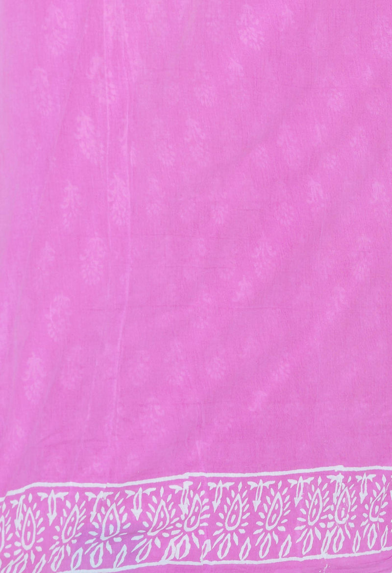 Baby Pink Pure  Hand Block Printed Discharge Superfine Mulmul Cotton Saree-UNM73946