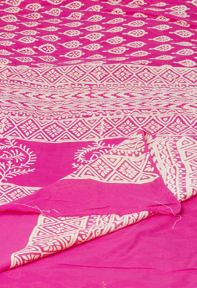 Pink Pure  Hand Block Printed Discharge Superfine Mulmul Cotton Saree-UNM73948