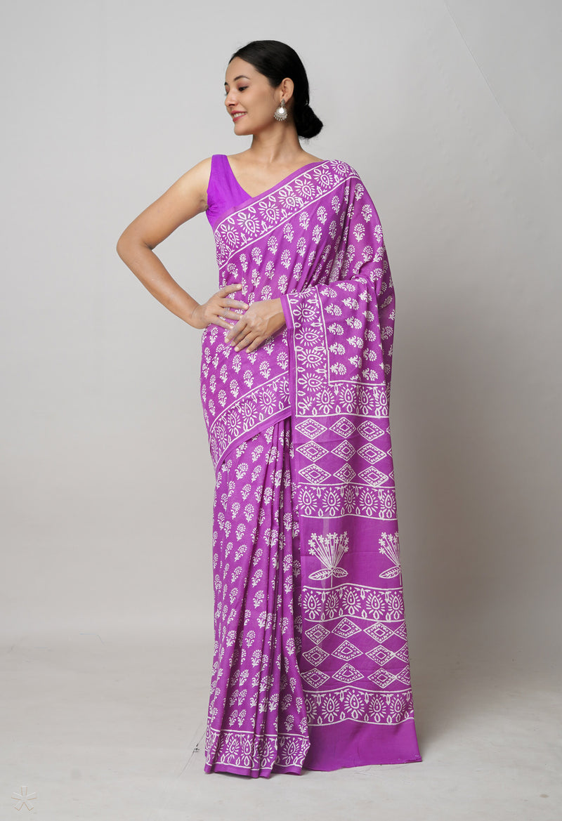 Purple Pure  Hand Block Printed Discharge Superfine Mulmul Cotton Saree-UNM73950