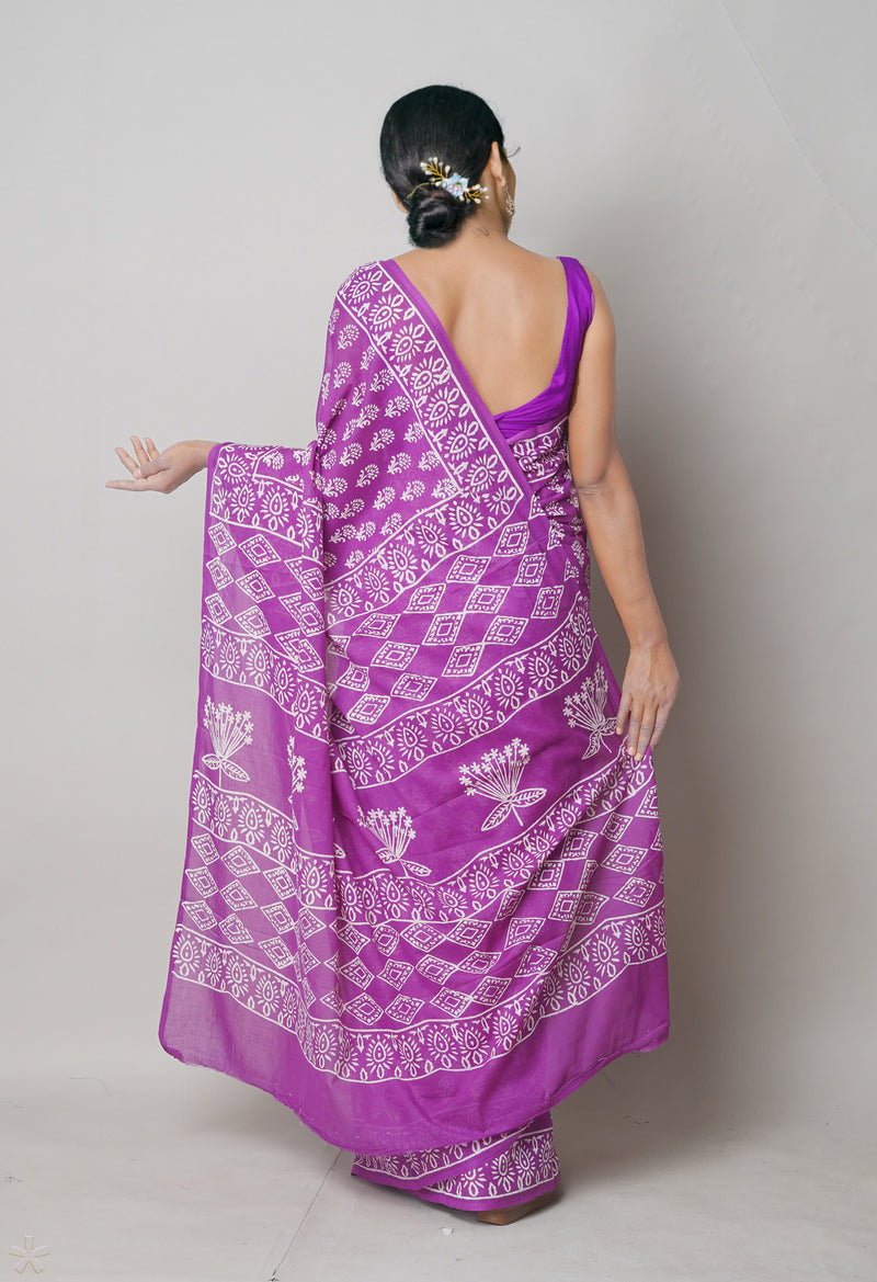 Purple Pure  Hand Block Printed Discharge Superfine Mulmul Cotton Saree-UNM73950
