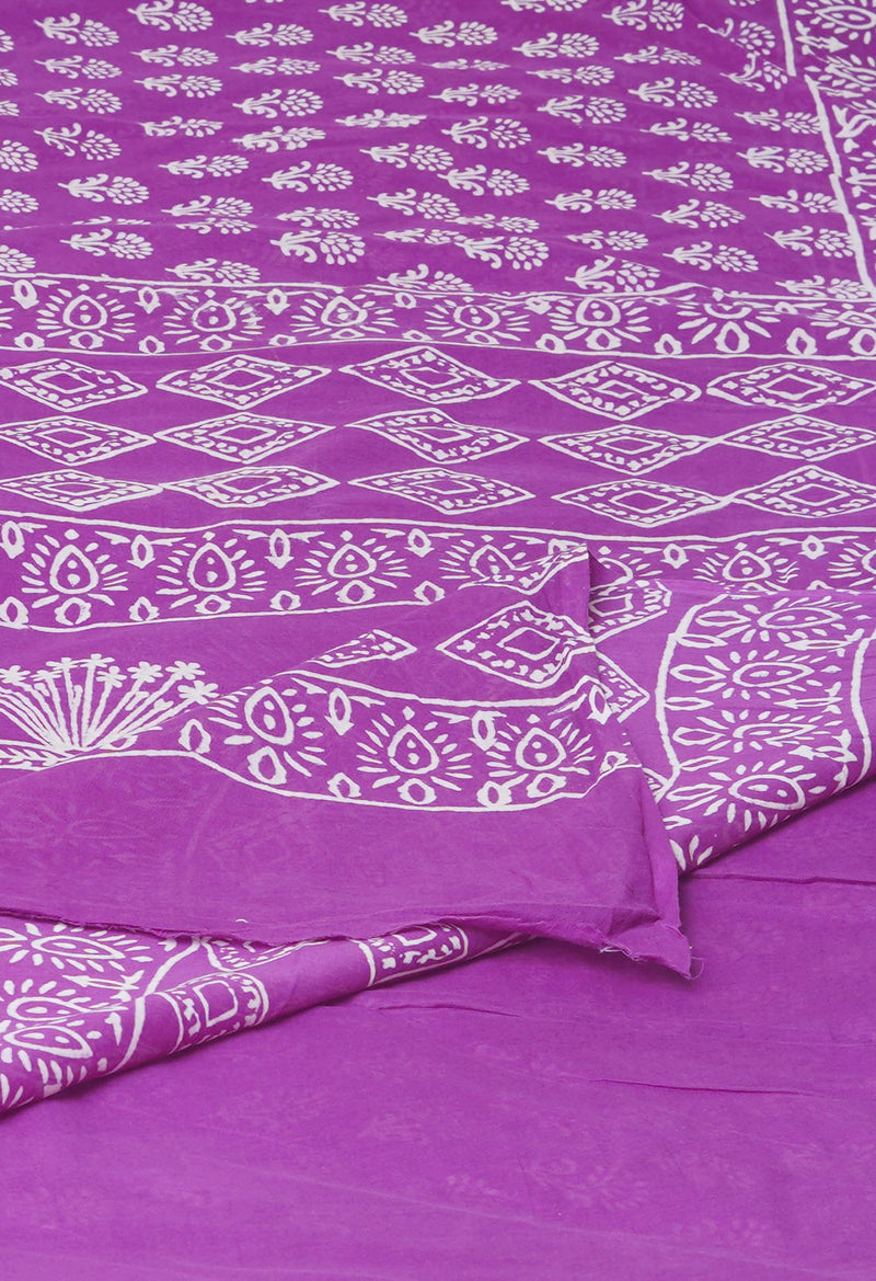 Purple Pure  Hand Block Printed Discharge Superfine Mulmul Cotton Saree-UNM73950