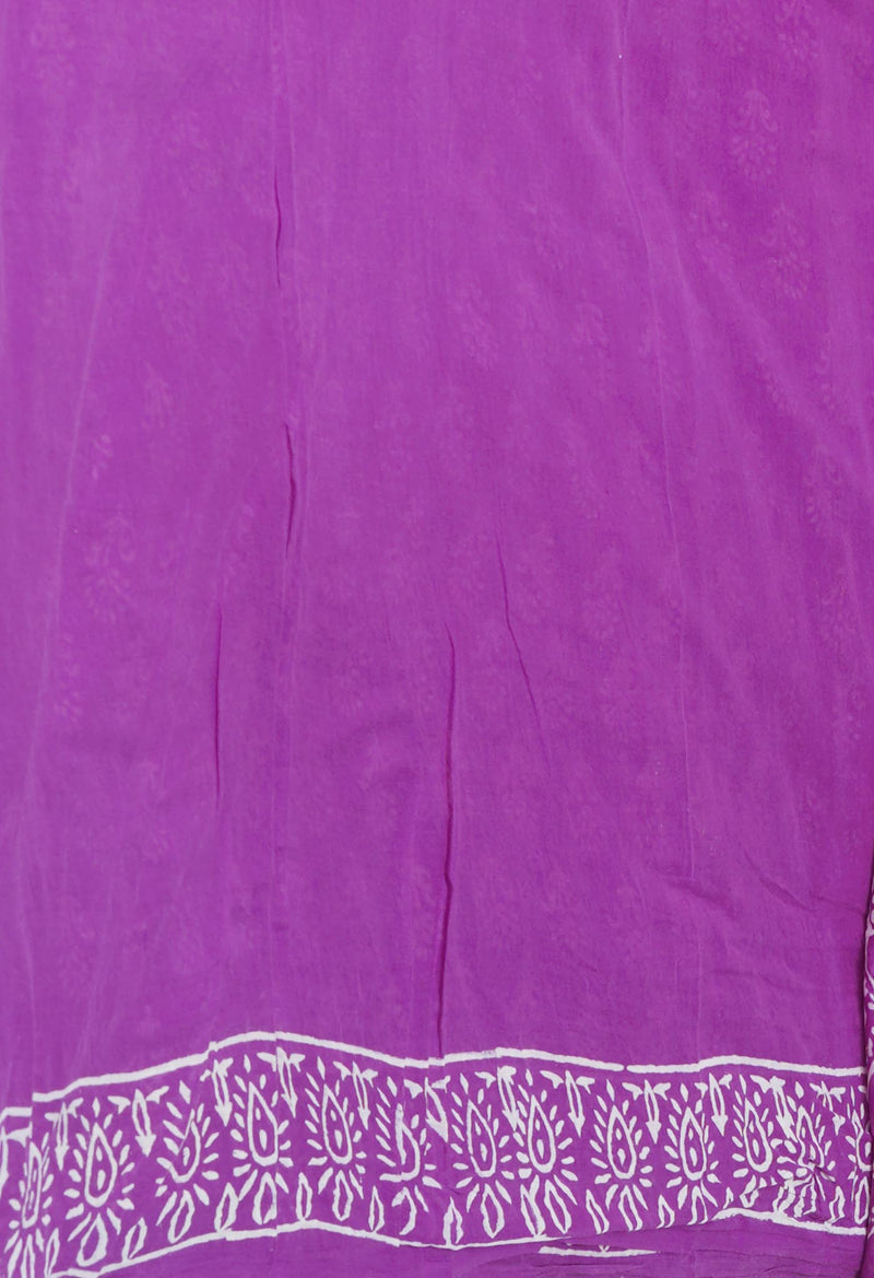 Purple Pure  Hand Block Printed Discharge Superfine Mulmul Cotton Saree-UNM73950