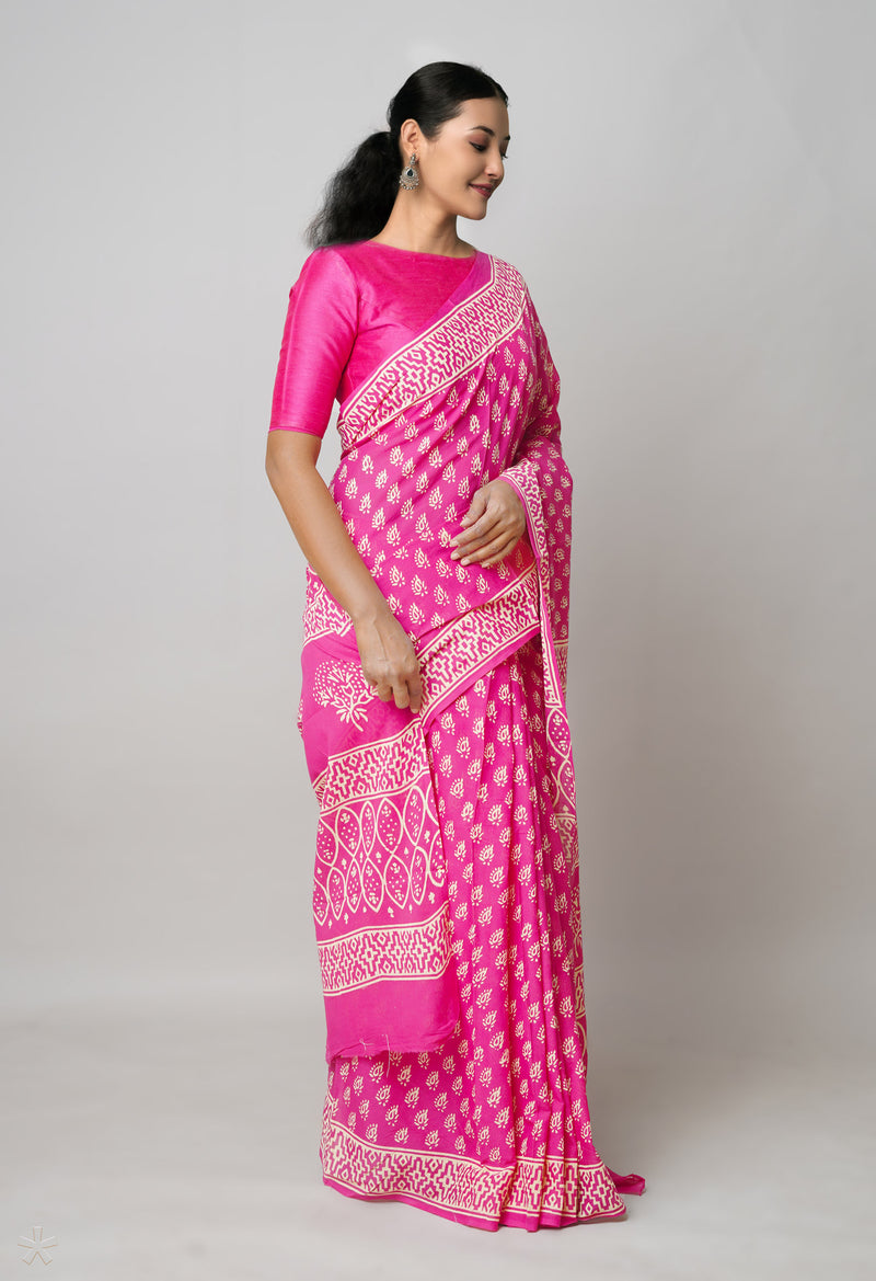 Pink Pure  Hand Block Printed Discharge Superfine Mulmul Cotton Saree-UNM73951