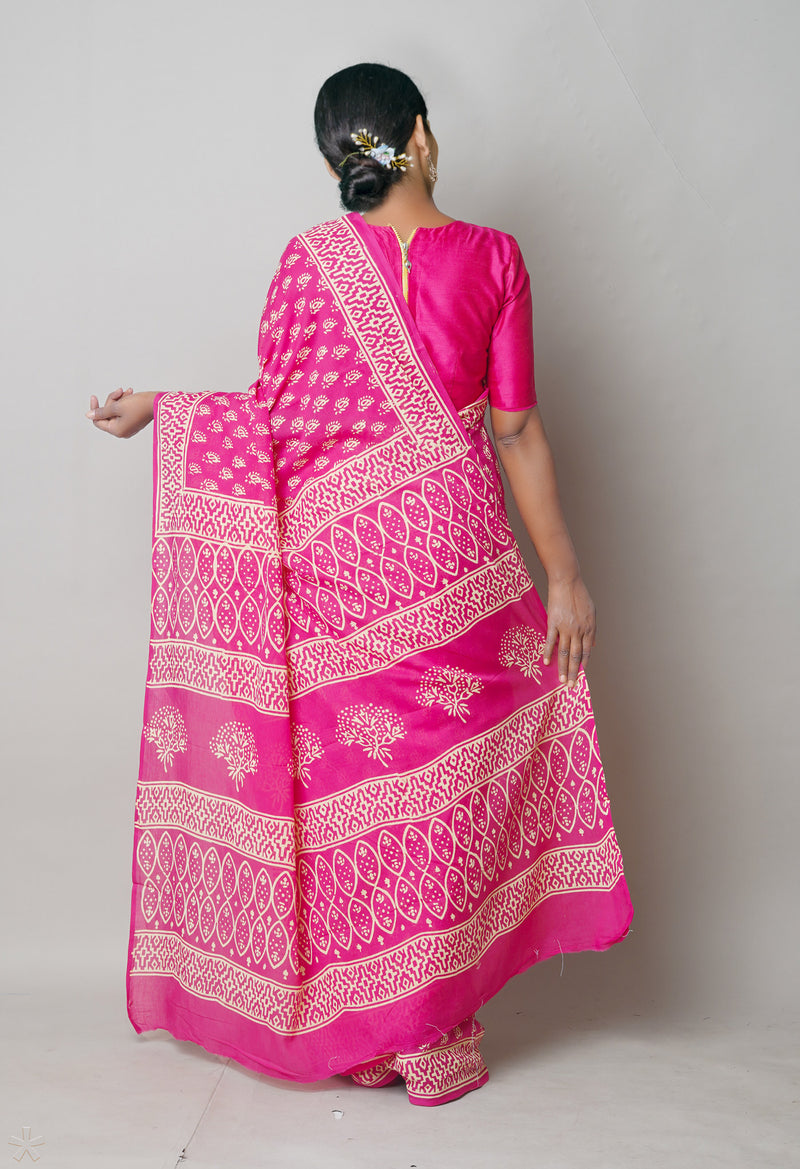 Pink Pure  Hand Block Printed Discharge Superfine Mulmul Cotton Saree-UNM73951