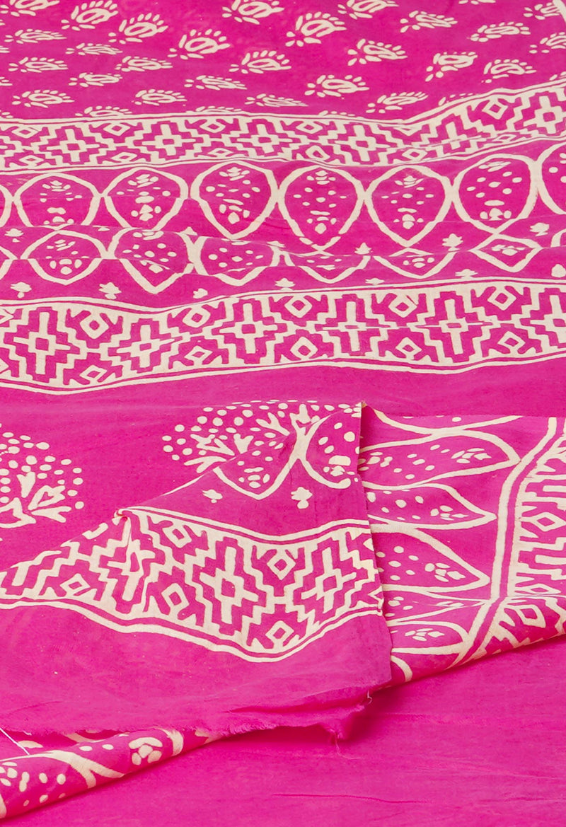 Pink Pure  Hand Block Printed Discharge Superfine Mulmul Cotton Saree-UNM73951