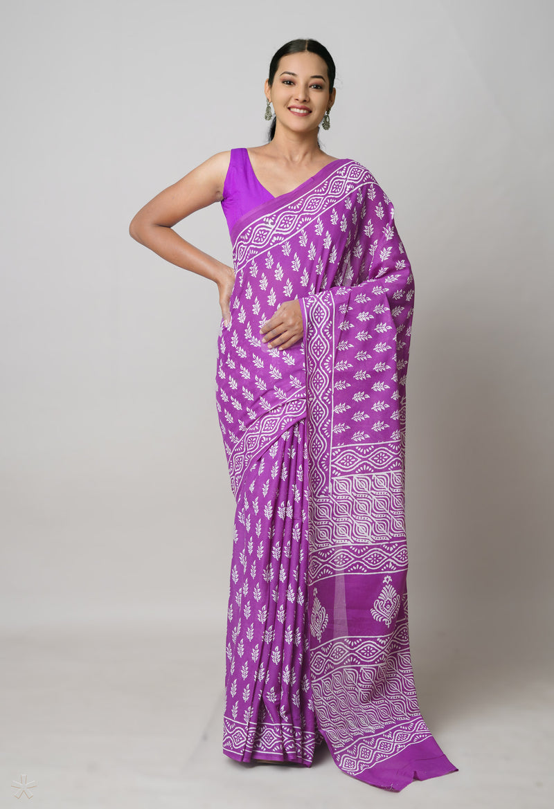 Purple Pure  Hand Block Printed Discharge Superfine Mulmul Cotton Saree-UNM73952