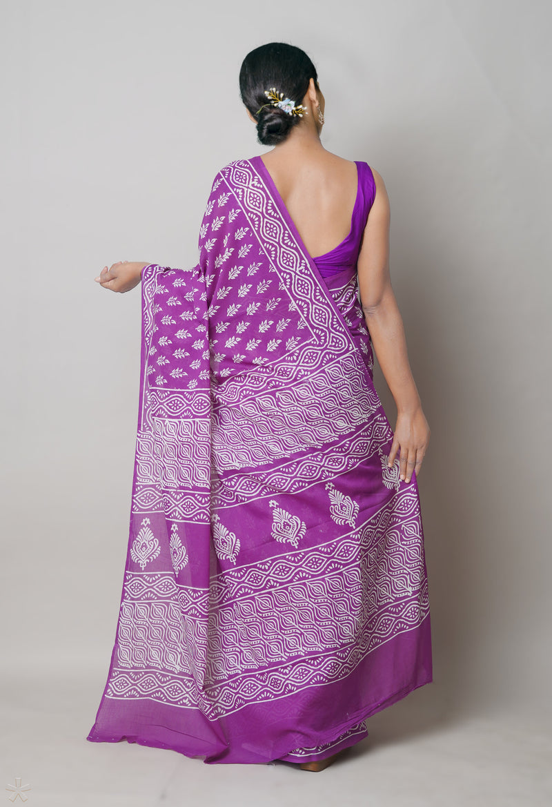 Purple Pure  Hand Block Printed Discharge Superfine Mulmul Cotton Saree-UNM73952