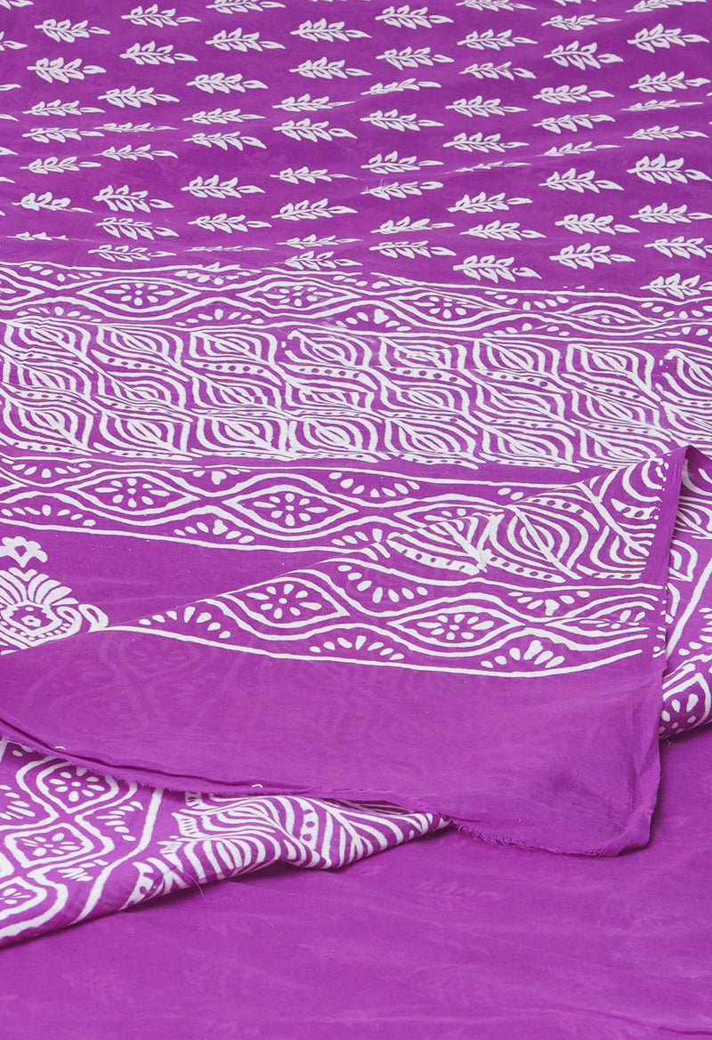 Purple Pure  Hand Block Printed Discharge Superfine Mulmul Cotton Saree-UNM73952