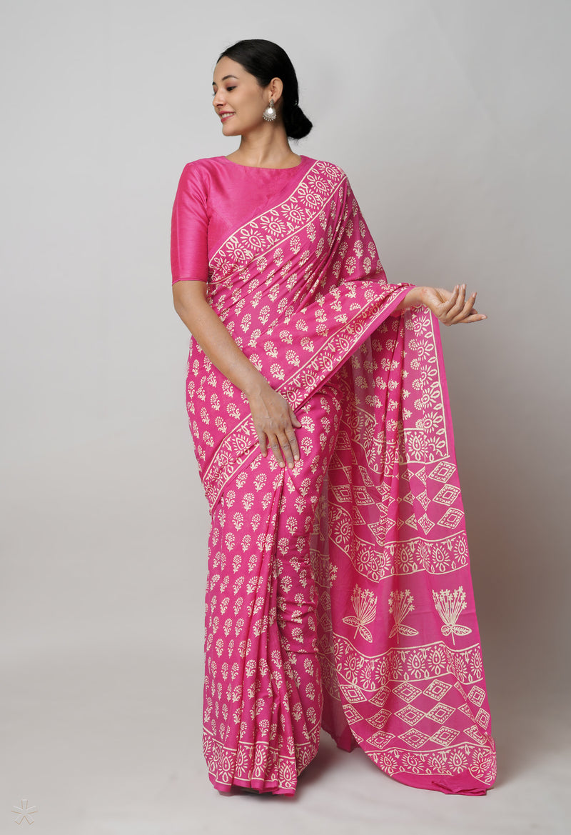 Pink Pure  Hand Block Printed Discharge Superfine Mulmul Cotton Saree-UNM73954