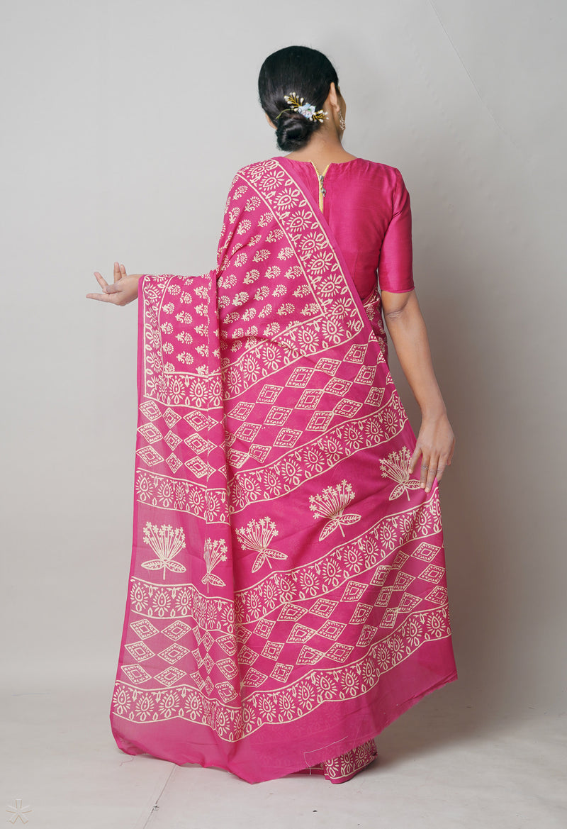 Pink Pure  Hand Block Printed Discharge Superfine Mulmul Cotton Saree-UNM73954