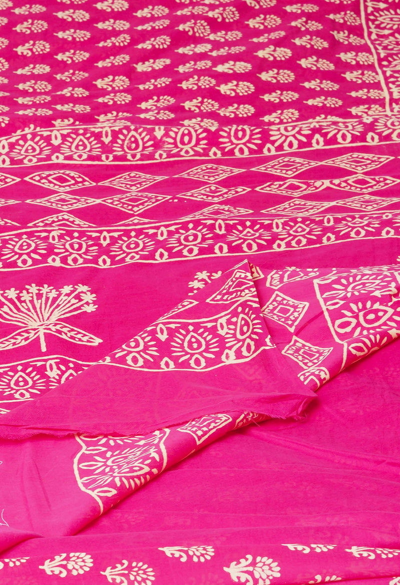 Pink Pure  Hand Block Printed Discharge Superfine Mulmul Cotton Saree-UNM73954