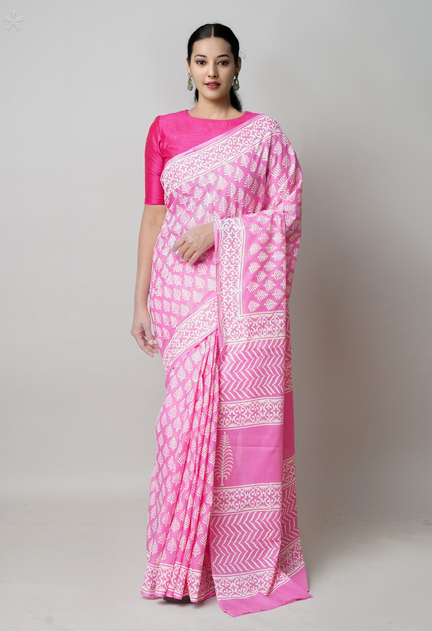 Pink Pure Hand Block Printed Discharge Soft Cotton Saree