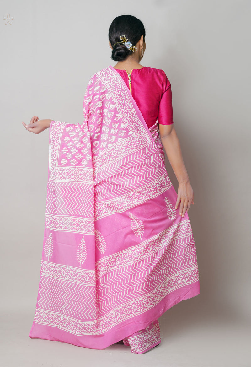 Baby Pink Pure  Hand Block Printed Discharge Superfine Mulmul Cotton Saree-UNM73956