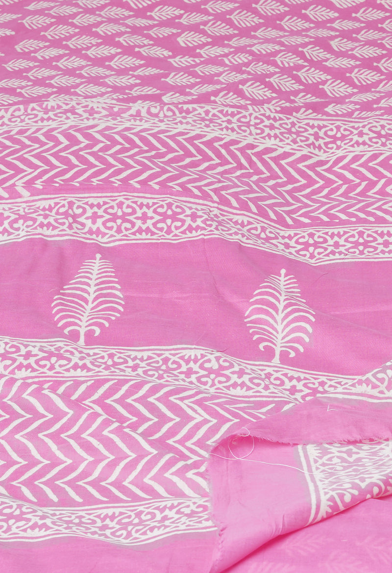 Baby Pink Pure  Hand Block Printed Discharge Superfine Mulmul Cotton Saree-UNM73956