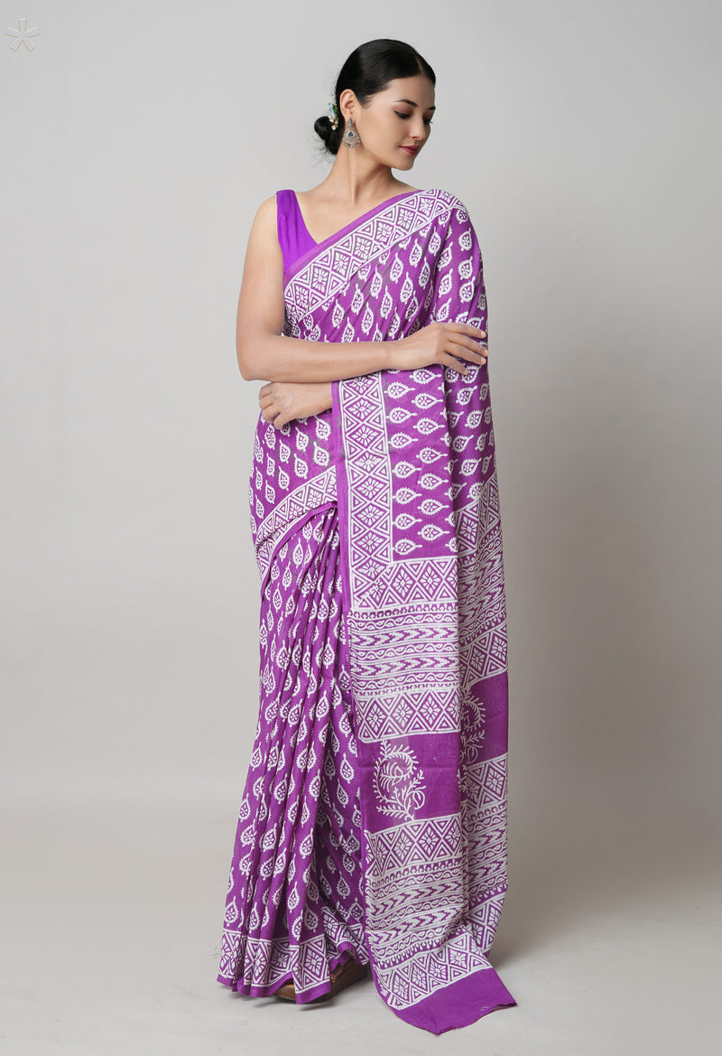 Purple Pure  Hand Block Printed Discharge Superfine Mulmul Cotton Saree-UNM73957