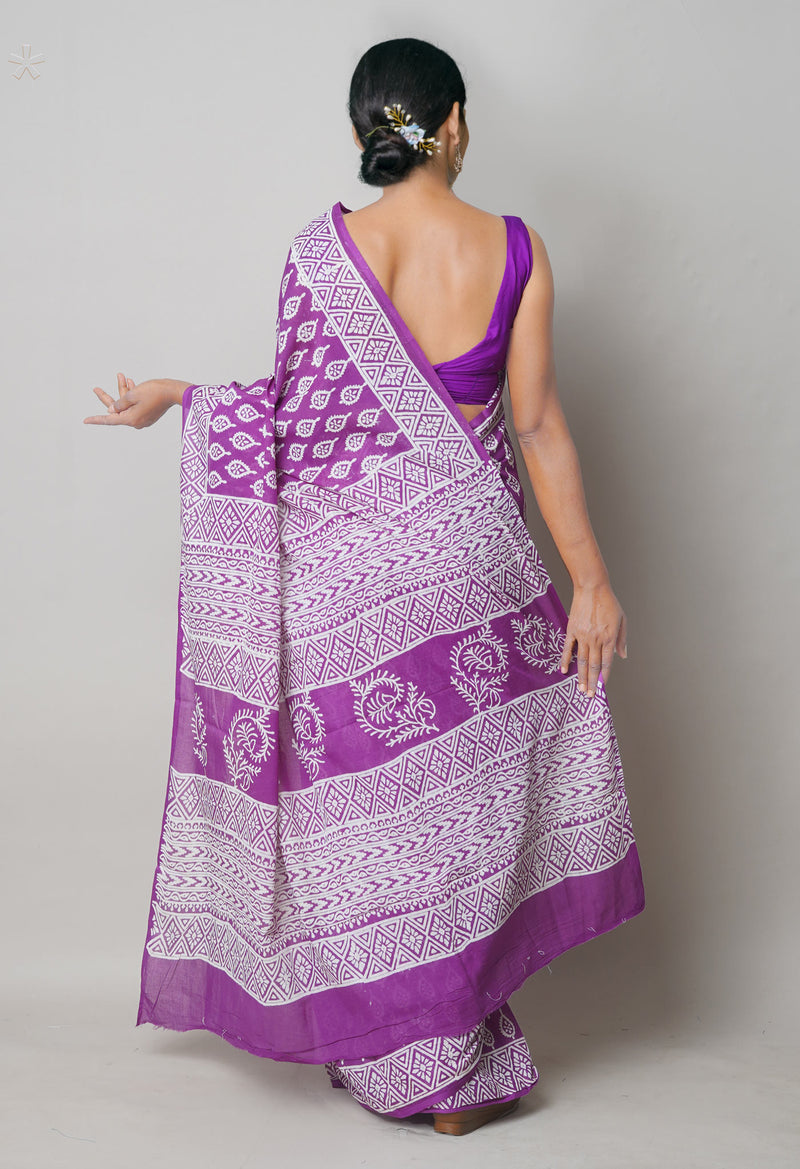 Purple Pure  Hand Block Printed Discharge Superfine Mulmul Cotton Saree-UNM73957
