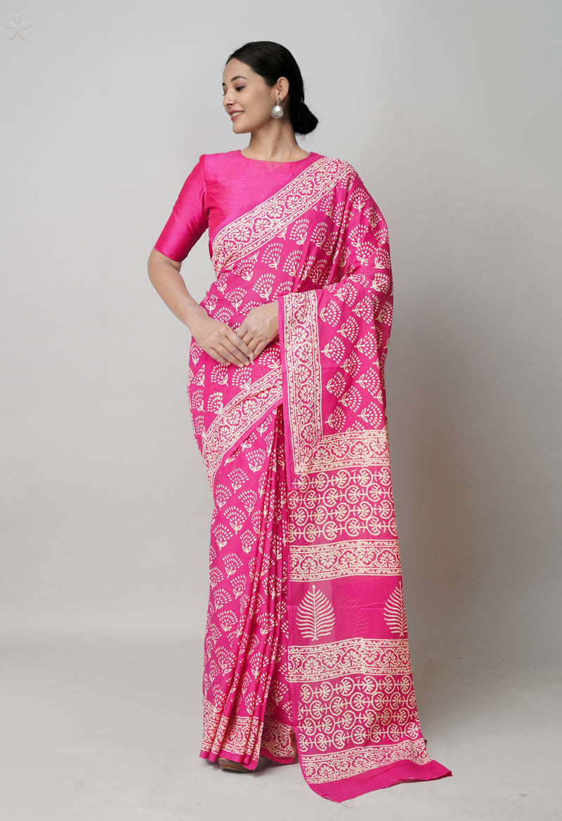 Pink Pure  Hand Block Printed Discharge Superfine Mulmul Cotton Saree-UNM73958