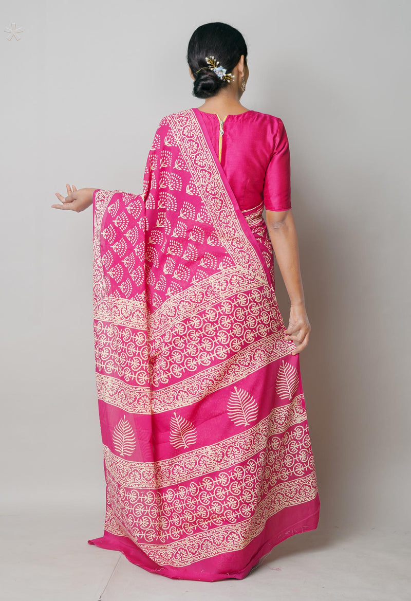 Pink Pure  Hand Block Printed Discharge Superfine Mulmul Cotton Saree-UNM73958