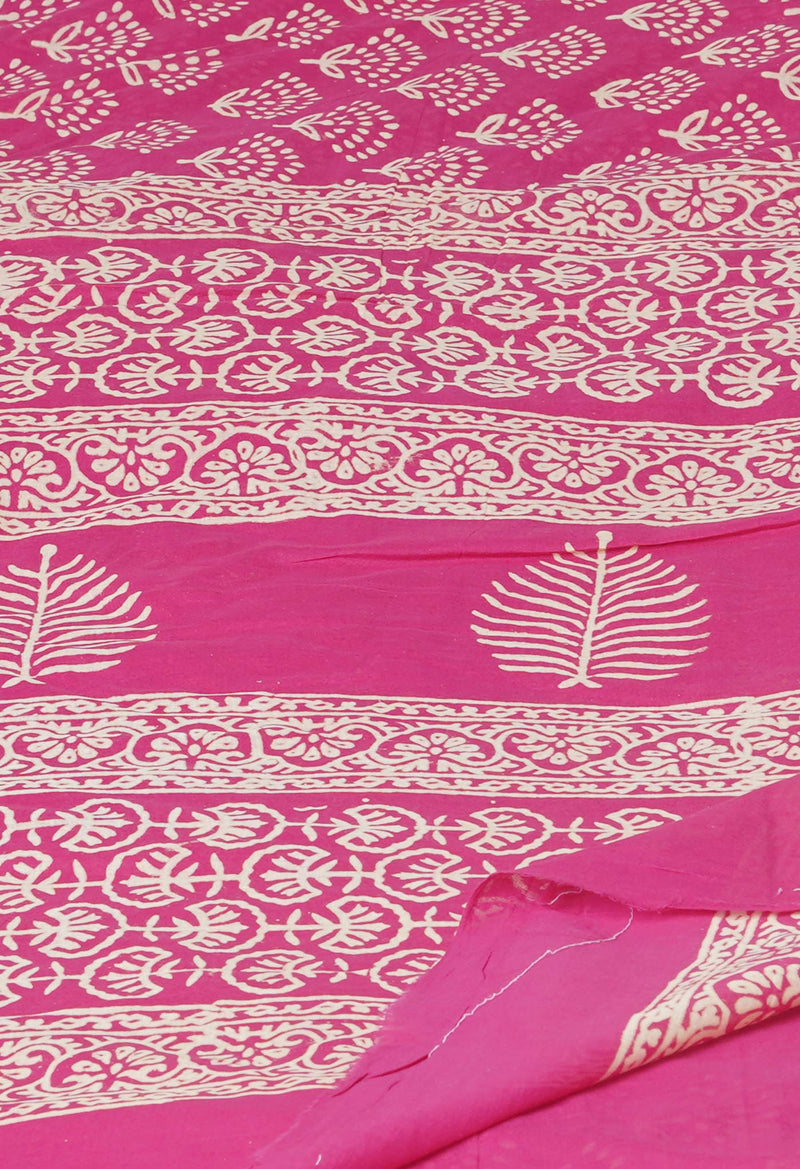 Pink Pure  Hand Block Printed Discharge Superfine Mulmul Cotton Saree-UNM73958