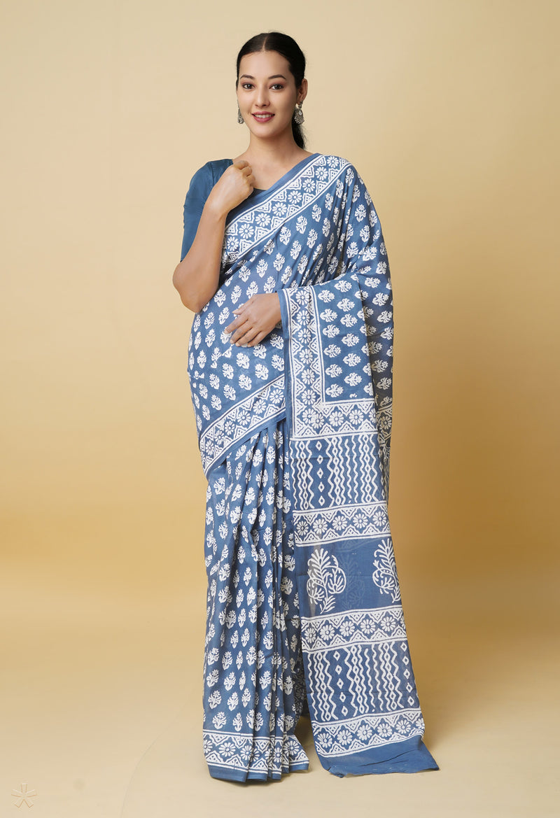 Bluish Grey Pure  Hand Block Printed Discharge Superfine Mulmul Cotton Saree-UNM73959