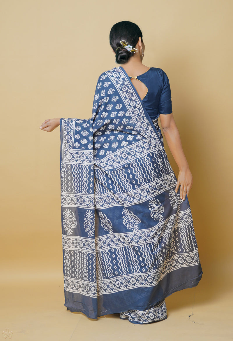 Bluish Grey Pure  Hand Block Printed Discharge Superfine Mulmul Cotton Saree-UNM73959