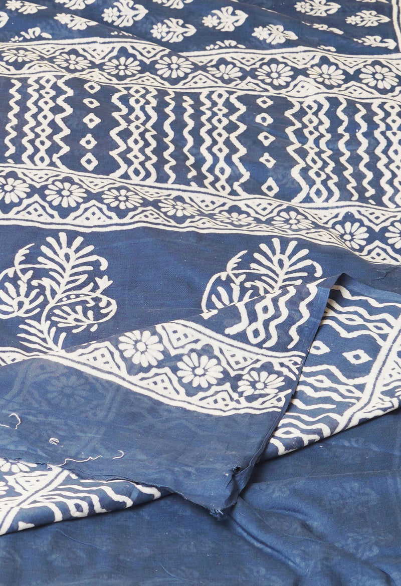 Bluish Grey Pure  Hand Block Printed Discharge Superfine Mulmul Cotton Saree-UNM73959