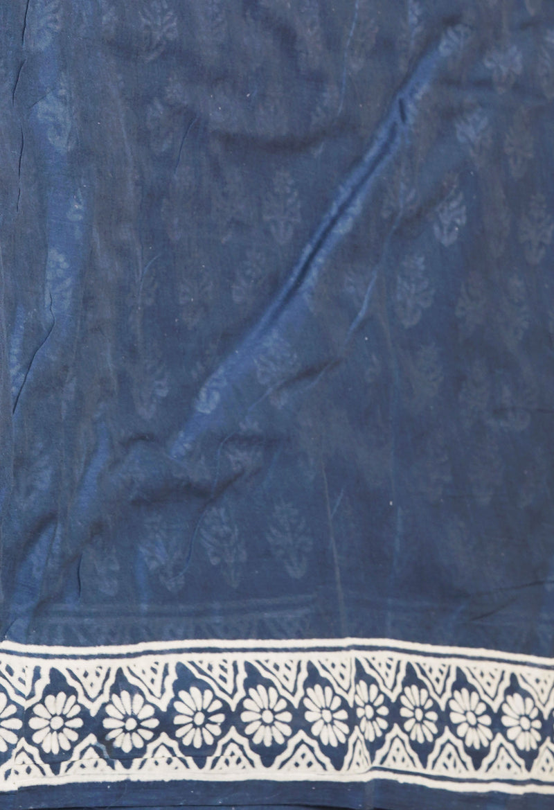 Bluish Grey Pure  Hand Block Printed Discharge Superfine Mulmul Cotton Saree-UNM73959