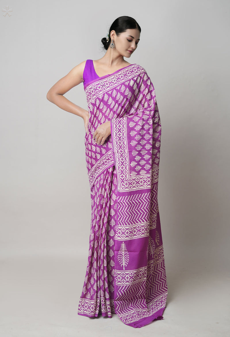 Purple Pure  Hand Block Printed Discharge Superfine Mulmul Cotton Saree-UNM73961