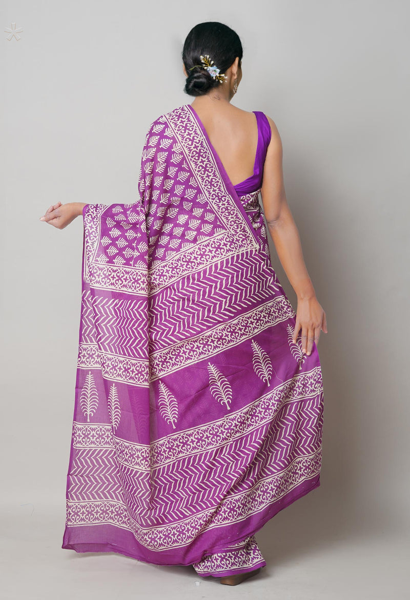Purple Pure  Hand Block Printed Discharge Superfine Mulmul Cotton Saree-UNM73961