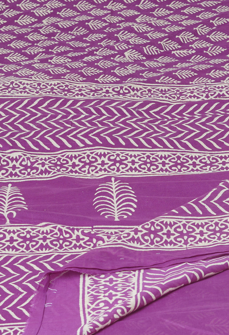 Purple Pure  Hand Block Printed Discharge Superfine Mulmul Cotton Saree-UNM73961