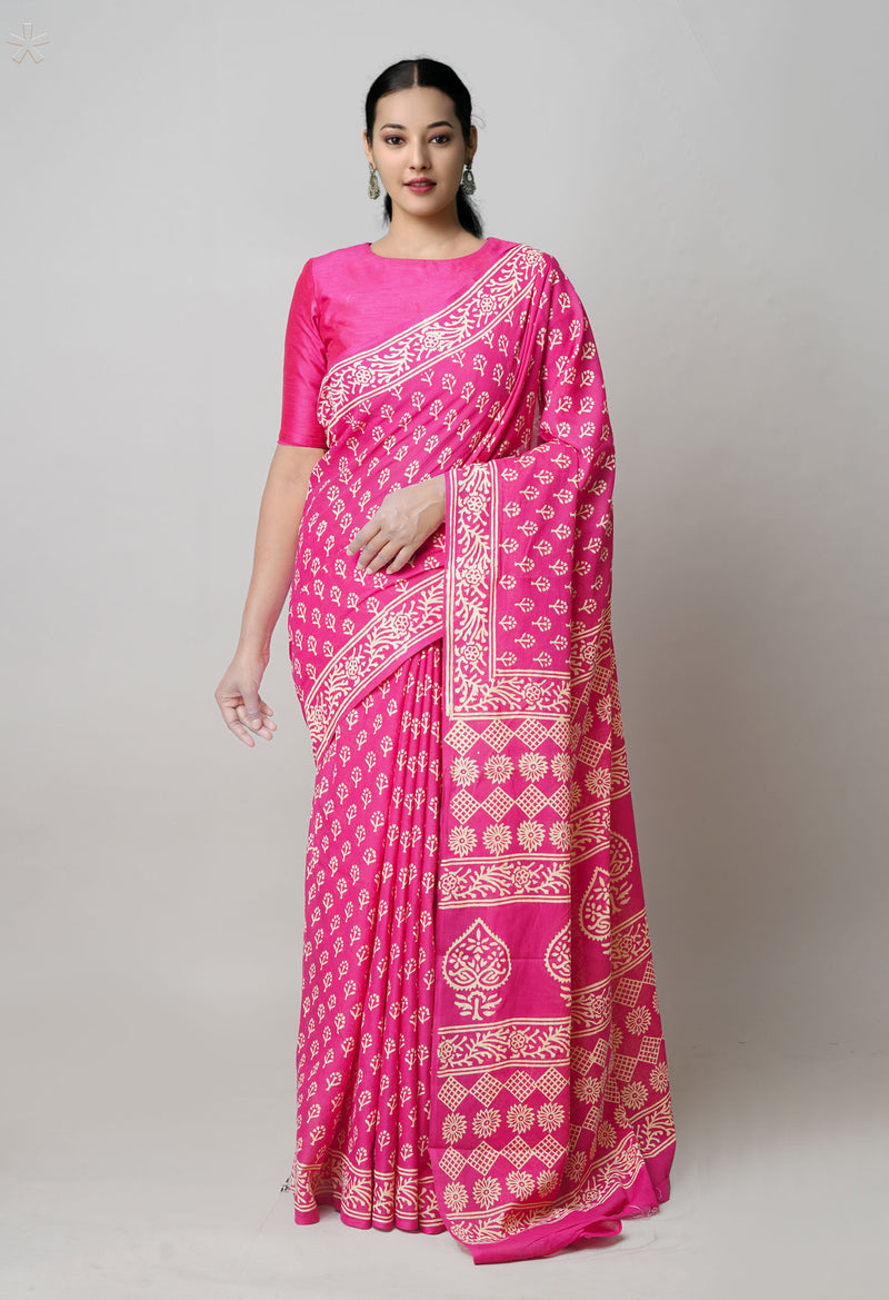 Pink Pure  Hand Block Printed Discharge Superfine Mulmul Cotton Saree-UNM73962