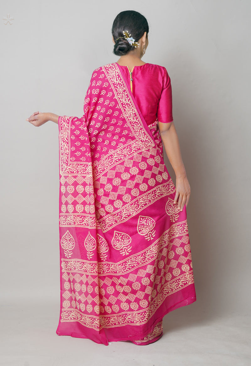 Pink Pure  Hand Block Printed Discharge Superfine Mulmul Cotton Saree-UNM73962