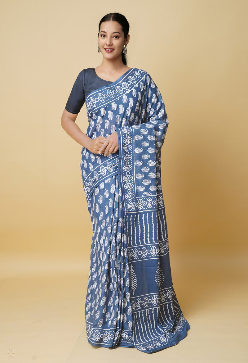 Bluish Grey Pure  Hand Block Printed Discharge Superfine Mulmul Cotton Saree-UNM73966