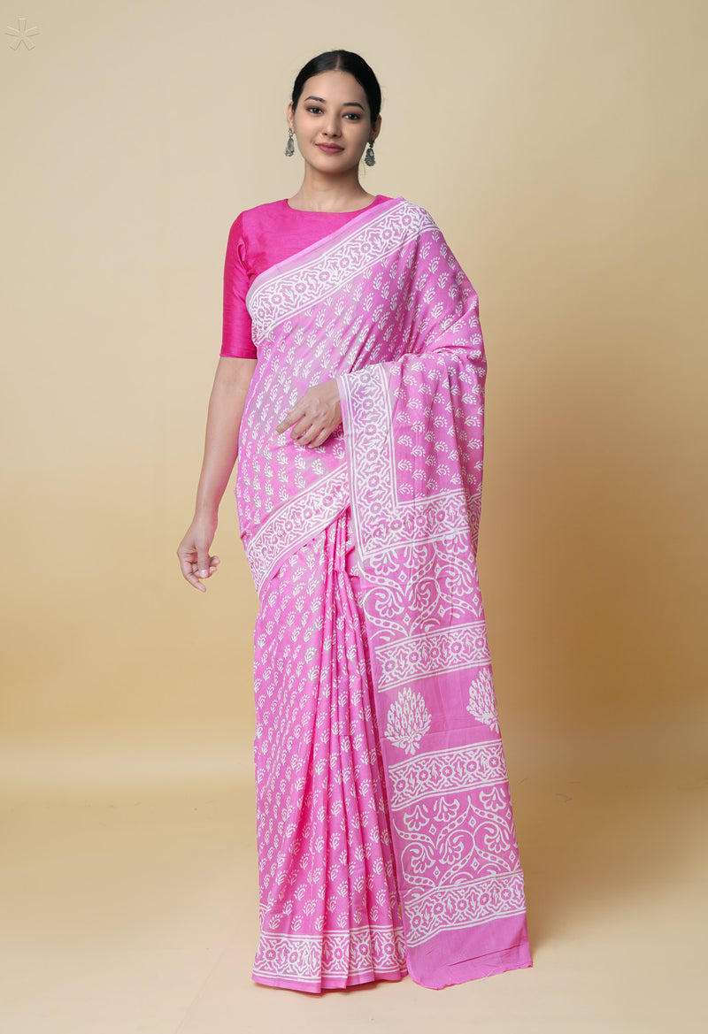 Baby Pink Pure  Hand Block Printed Discharge Superfine Mulmul Cotton Saree-UNM73969