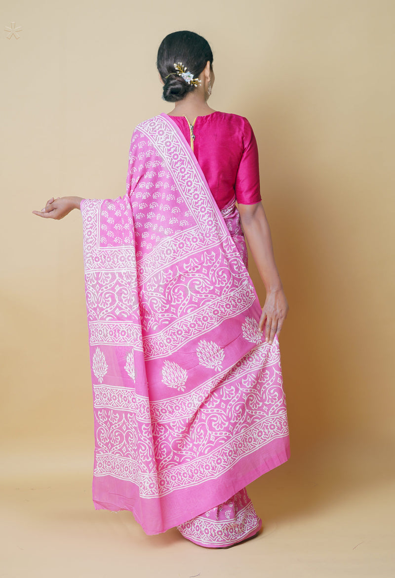 Baby Pink Pure  Hand Block Printed Discharge Superfine Mulmul Cotton Saree-UNM73969