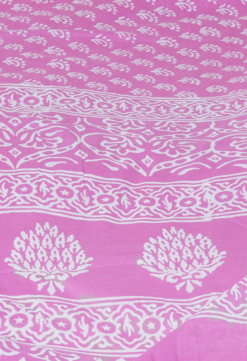 Baby Pink Pure  Hand Block Printed Discharge Superfine Mulmul Cotton Saree-UNM73969