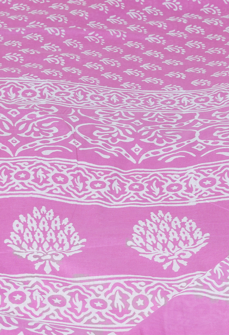 Baby Pink Pure  Hand Block Printed Discharge Superfine Mulmul Cotton Saree-UNM73969