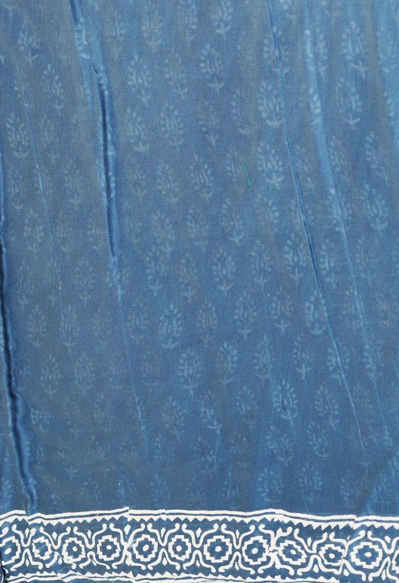 Bluish Grey Pure  Hand Block Printed Discharge Superfine Mulmul Cotton Saree-UNM73971