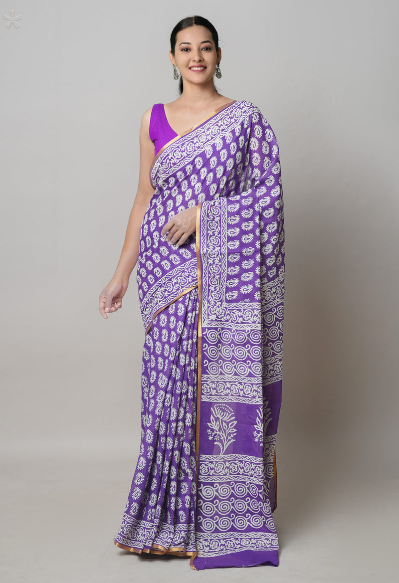 Violet Pure  Hand Block Printed Discharge Superfine Mulmul Cotton Saree-UNM73973