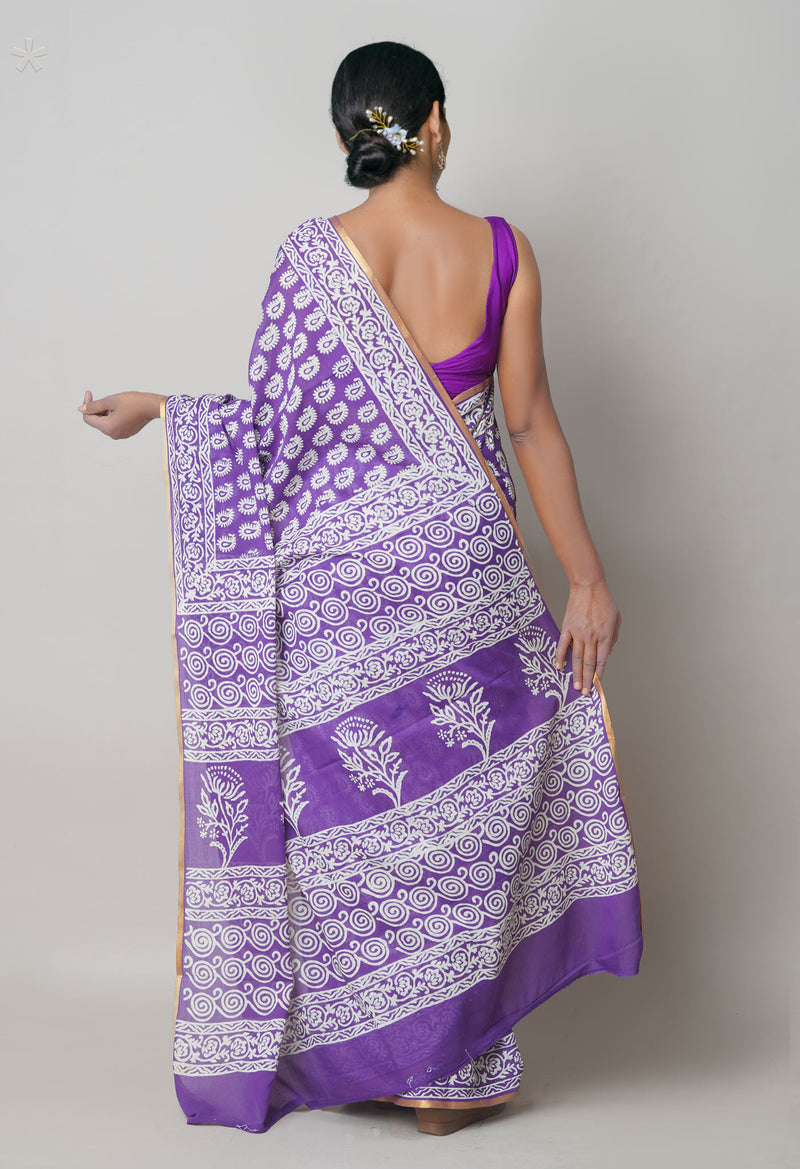 Violet Pure  Hand Block Printed Discharge Superfine Mulmul Cotton Saree-UNM73973