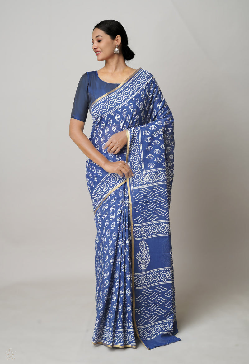 Blue Pure  Hand Block Printed Discharge Superfine Mulmul Cotton Saree-UNM73974