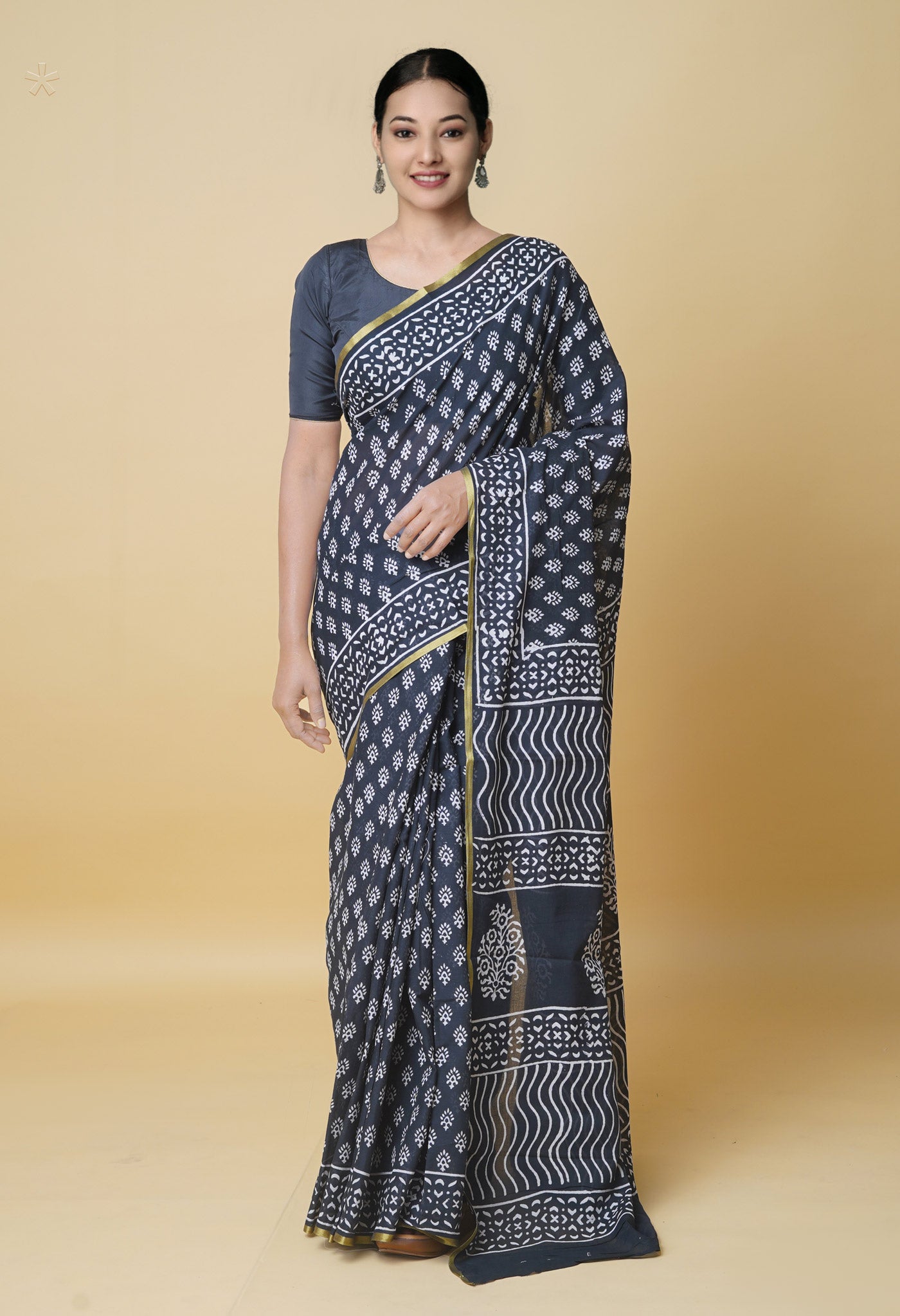 Black Pure Hand Block Printed Soft Cotton Saree