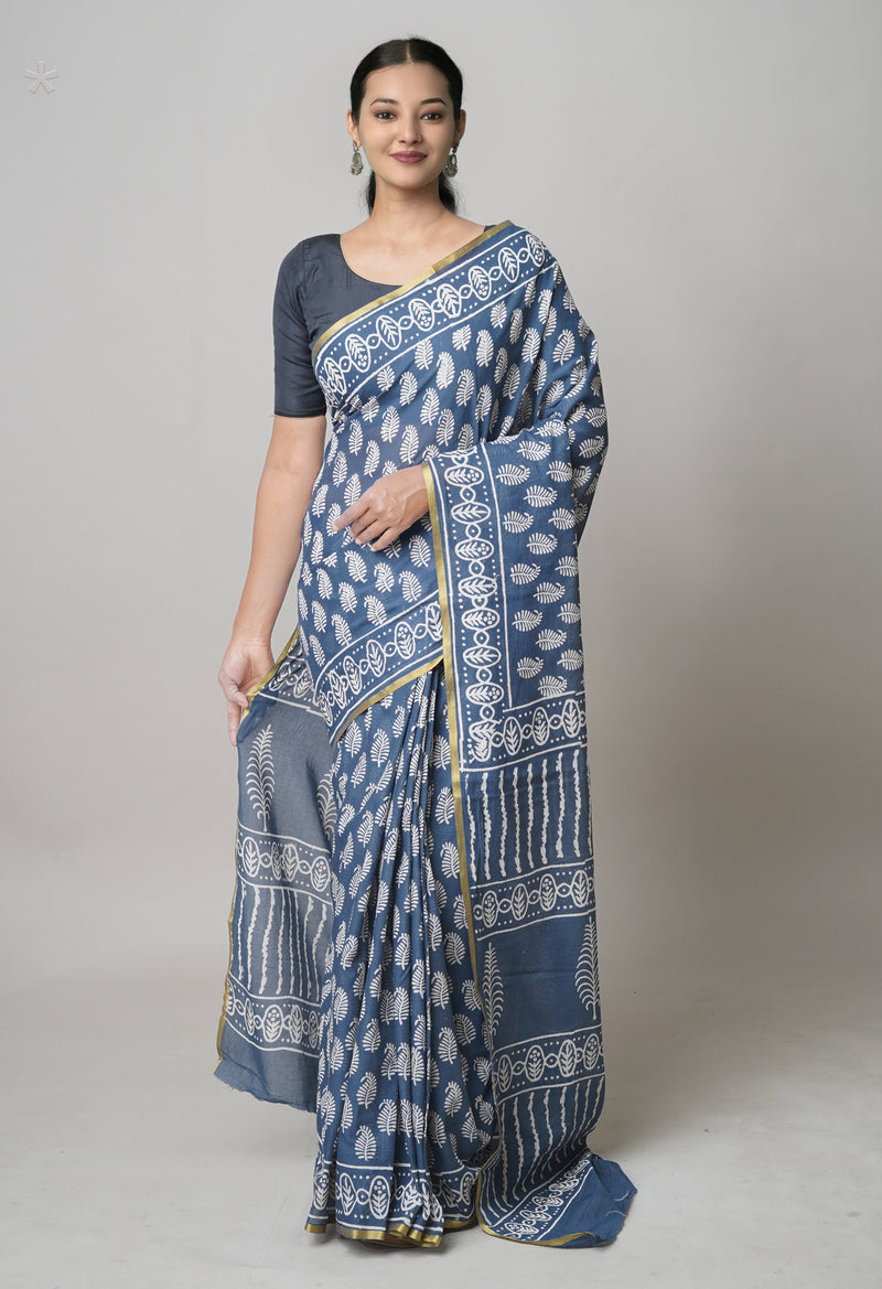 Bluish Grey Pure  Hand Block Printed Discharge Superfine Mulmul Cotton Saree-UNM73977